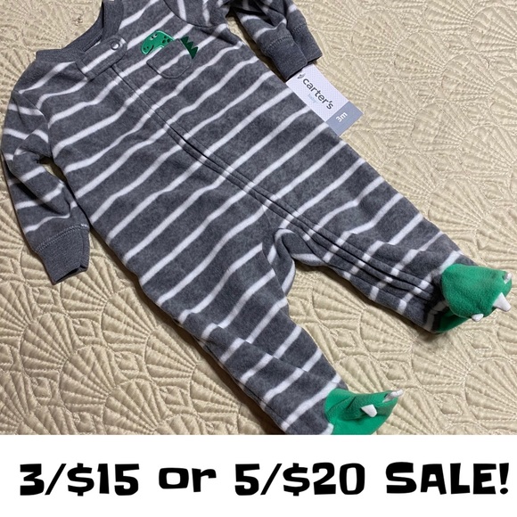 🌸NWT CARTERS STRIPED FLEECE DINOSAUR ONESIE - Picture 1 of 4